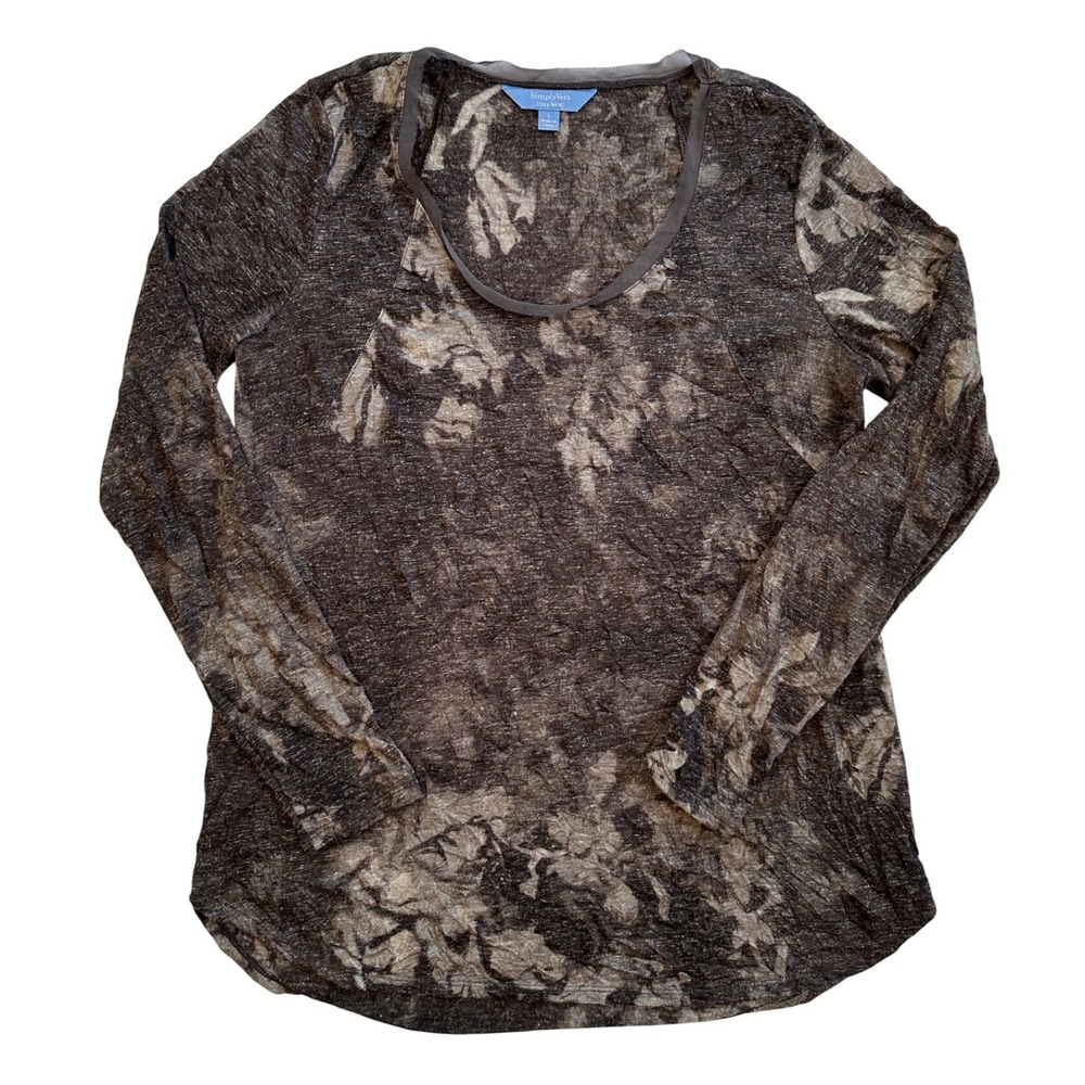 Simply Vera Vera Wang Top Women L Brown Abstract Floral Long Sleeve Excellent